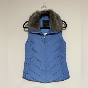 Talbots Blue Down Filled Puffer Vest Faux Fur Collar Small NWT Outdoor